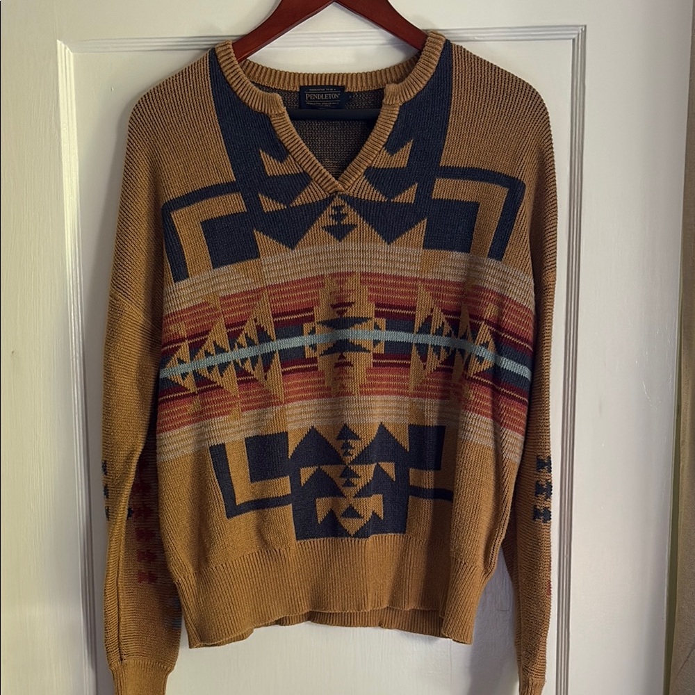 Pendleton V-Neck Sweater in Tan and Blue with Southwestern Design
